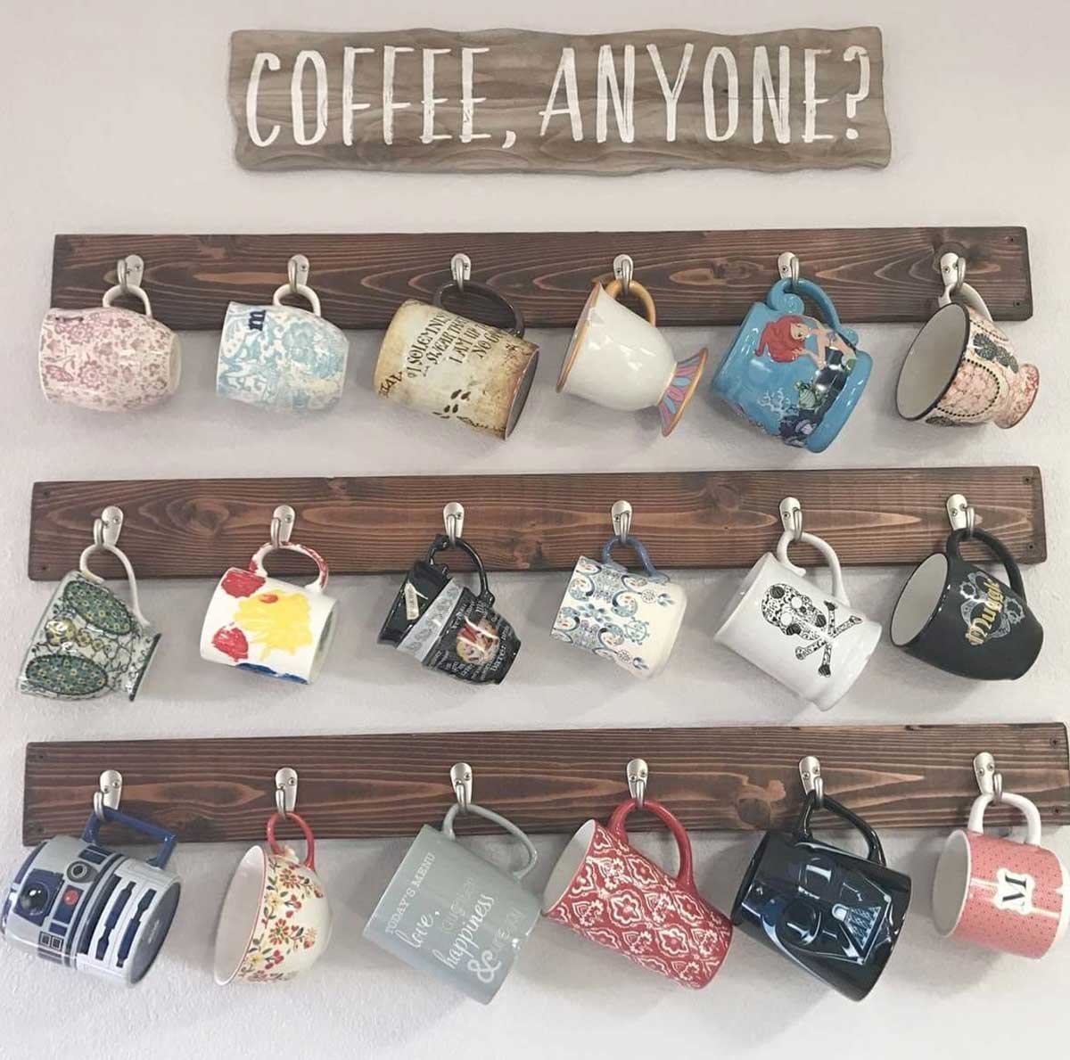 A wall hanging space to hang all of your tea and coffee mugs