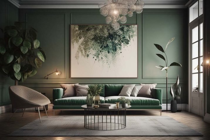 Modern interior with green living room, featuring a luxury-style