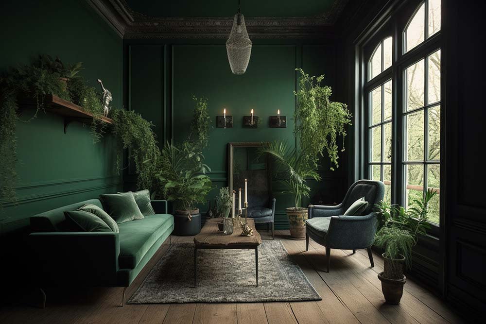 Green living room interior design. Generative AI