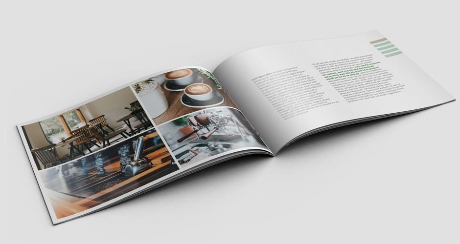  An image of a spread from a marketing collateral with green and brown as the primary colors, featuring images of a coffee shop interior and text about the shop.