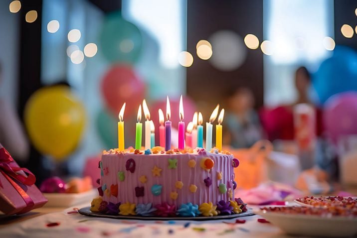 pink birthday cake with candles, birthday party for children, ch