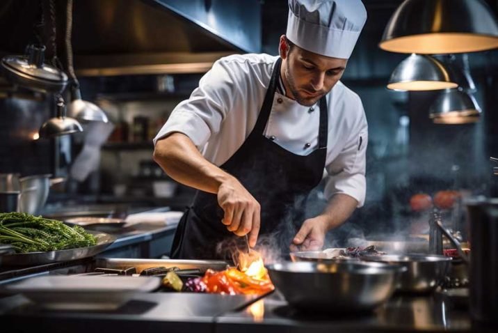 Cook man neatly decorates the dish. young professional chef adding some piquancy to meal. in modern kitchen, at work in uniform